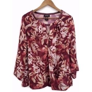 Catherines 0X Blouse Faux Wrap V-Neck‎ Semi-Sheer Leaf Print Burgundy Plus Size